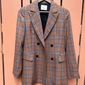 Double-Breasted Plaid Blazer Jacket - Brown Multi